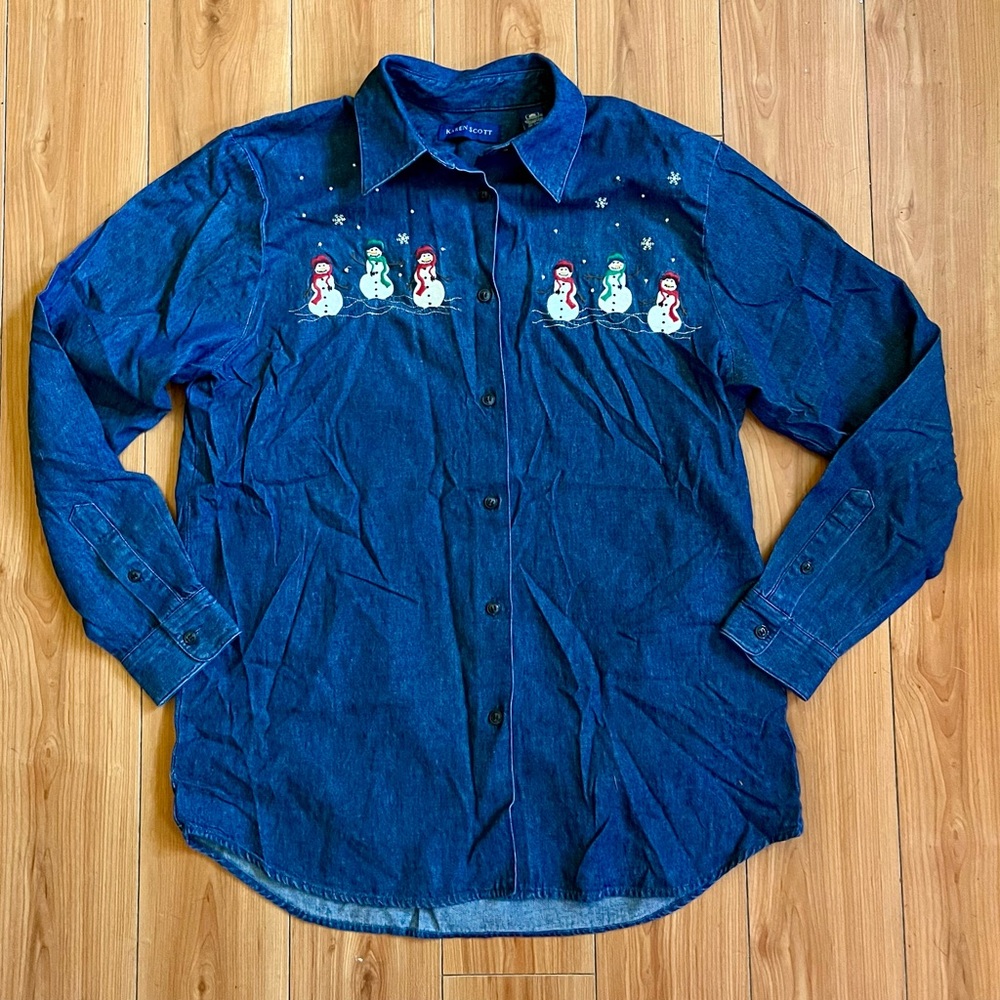 Vtg Karen Scott Denim Christmas Shirt Long Sleeve Embroidered Snowman Small